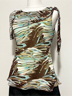 Abella Aqua & Brown Abstract Wave-Print Tie-Strap top